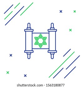 Blue and green line Torah scroll icon isolated on white background. Jewish Torah in expanded form. Star of David symbol. Old parchment scroll. Colorful outline concept. Vector Illustration