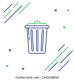 Blue and green line Trash can icon isolated on white background. Garbage bin sign. Recycle basket icon. Office trash icon. Colorful outline concept. Vector Illustration