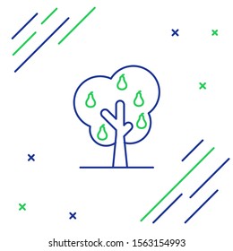 Blue and green line Tree with pears icon isolated on white background. Agricultural plant. Organic farm product. Gardening theme. Colorful outline concept. Vector Illustration