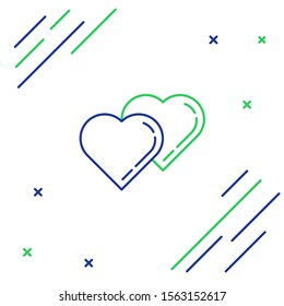 Blue and green line Two Linked Hearts icon isolated on white background. Romantic symbol linked, join, passion and wedding. Valentine day symbol. Colorful outline concept. Vector Illustration