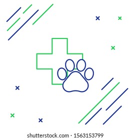 Blue and green line Veterinary clinic symbol icon isolated on white background. Cross hospital sign. A stylized paw print dog or cat. Pet First Aid sign. Colorful outline concept. Vector Illustration