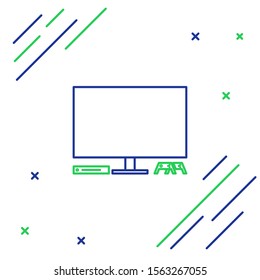 Blue and green line Video game console icon isolated on white background. Game console with joystick and lcd television. Colorful outline concept. Vector Illustration