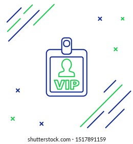 Blue and green line VIP badge icon isolated on white background. Colorful outline concept. Vector Illustration