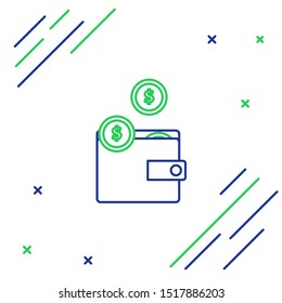 Blue and green line Wallet with coins icon isolated on white background. Purse icon. Cash savings symbol. Colorful outline concept. Vector Illustration