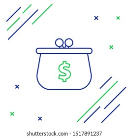 Blue and green line Wallet with with dollar symbol icon isolated on white background. Purse icon. Cash savings symbol. Colorful outline concept. Vector Illustration