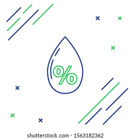Blue and green line Water drop percentage icon isolated on white background. Humidity analysis. Colorful outline concept. Vector Illustration