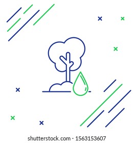 Blue and green line Watering Tree icon isolated on white background. Forest symbol. Irrigation symbol. Colorful outline concept. Vector Illustration