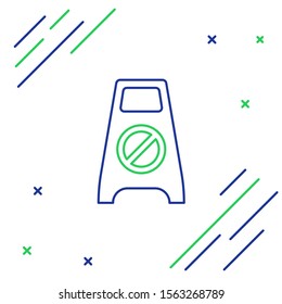 Blue and green line Wet floor and cleaning in progress icon isolated on white background. Cleaning service concept. Colorful outline concept. Vector Illustration