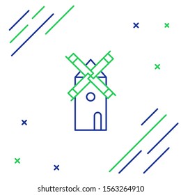 Blue and green line Windmill icon isolated on white background. Colorful outline concept. Vector Illustration