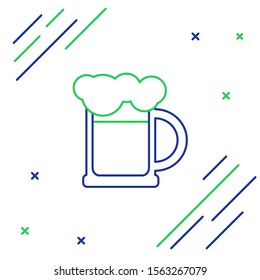 Blue and green line Wooden beer mug icon isolated on white background. Colorful outline concept. Vector Illustration