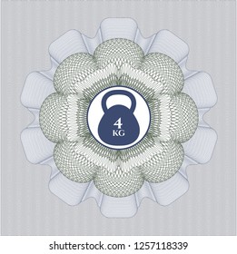 Blue and green linear rosette with 4kg kettlebell icon inside