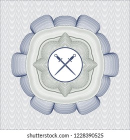 Blue and green linear rosette with crossed swords icon inside