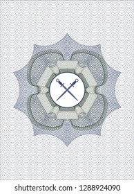 Blue and green linear rosette with crossed swords icon inside