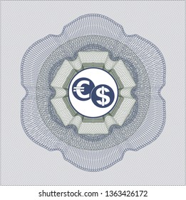 Blue and green linear rosette with currency exchange icon inside