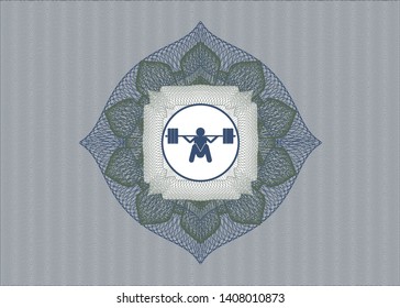 Blue and green linear rosette with deep squat icon inside