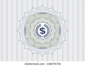 Blue and green linear rosette with laurel wreath with money symbol inside icon inside