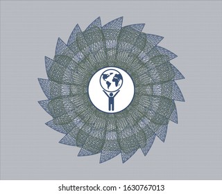 Blue and green linear rosette with man lifting world icon inside