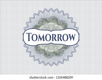 Blue and green linear rosette with text Tomorrow inside