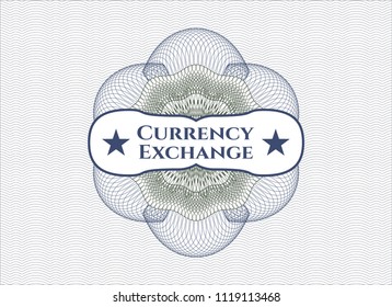 Blue and green linear rosette with text Currency Exchange inside