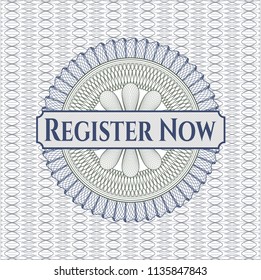 Blue and green linear rosette with text Register Now inside