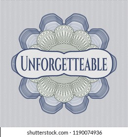 Blue and green linear rosette with text Unforgettable inside