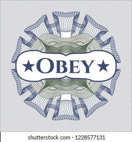 Blue and green linear rosette with text Obey inside