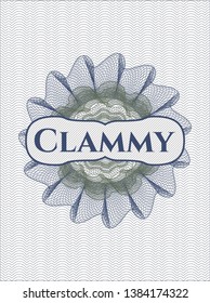 Blue and green linear rosette with text Clammy inside