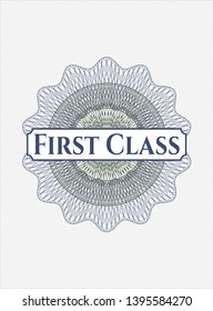 Blue and green linear rosette with text First Class inside