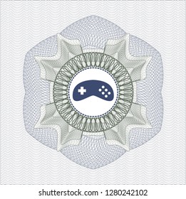 Blue and green linear rosette with video game icon inside