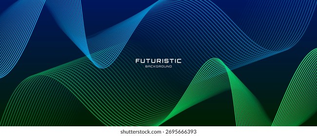 As linhas verdes azuis tecno abstrato fundo sobrepõem a camada no espaço escuro com decoração de ondas brilhantes. Elemento de design gráfico moderno listras conceito de estilo para web, arte, folheto, cartão ou capa de brochura