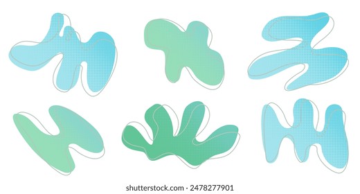Blue green liquid halftone drops water shapes set, splashes collection. Paint spot, blot, rain puddle, oil blobs. Irregular abstract graphic design elements Transparent background. Vector illustration