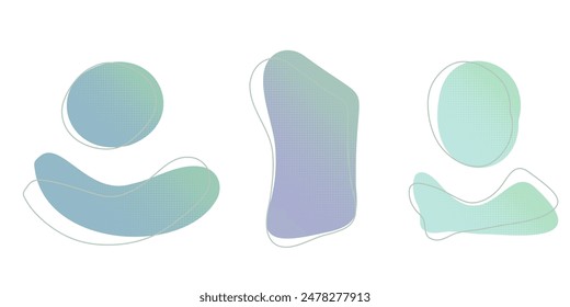 Blue green liquid halftone drops water shapes set, splashes collection. Paint spot, blot, rain puddle, oil blobs. Irregular abstract graphic design elements Transparent background. Vector illustration