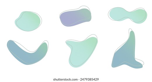 Blue green liquid halftone drops water shapes set, splashes collection. Paint spot, blot, rain puddle, oil blobs. Irregular abstract graphic design elements Transparent background. Vector illustration