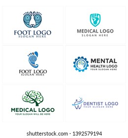 Blue green logo design illustration foot tree and gear combined head human brain leaf suitable for medical pharmaceutical dentist doctor hospital