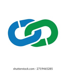 Blue and green loops connected together on white background