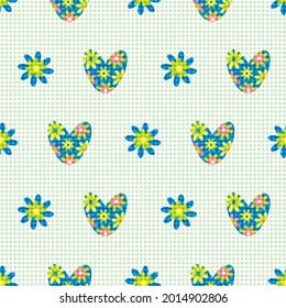 Blau grüne Liebe Herz Vektor nahtlose Muster im Boho-Stil. Hintergrund von hellen Blumentherzen und Blumen mit Gingham Leinen. Botanische geometrische Wiederholung der Folkkunst für Wellness, Verpackung
