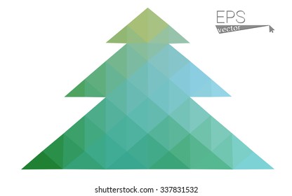 Blue, green low poly style christmas tree vector illustration consisting of triangles. Abstract triangular polygonal origami or crystal design of New Years celebration. Isolated on white background