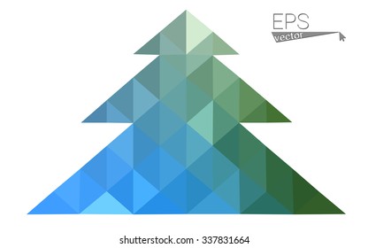Blue, green low poly style christmas tree vector illustration consisting of triangles. Abstract triangular polygonal origami or crystal design of New Years celebration. Isolated on white background