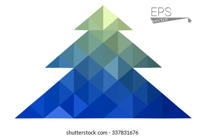 Blue, green low poly style christmas tree vector illustration consisting of triangles. Abstract triangular polygonal origami or crystal design of New Years celebration. Isolated on white background