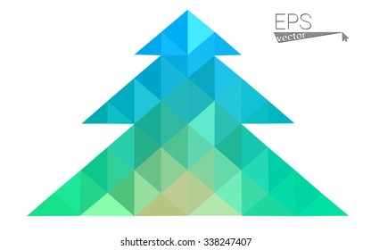 Blue, green low poly style christmas tree vector illustration consisting of triangles. Abstract triangular polygonal origami or crystal design of New Years celebration. Isolated on white background