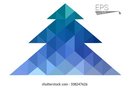Blue, green low poly style christmas tree vector illustration consisting of triangles. Abstract triangular polygonal origami or crystal design of New Years celebration. Isolated on white background