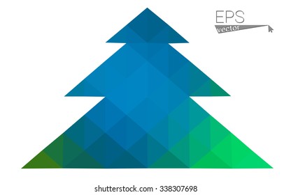 Blue, green low poly style christmas tree vector illustration consisting of triangles. Abstract triangular poly origami or crystal design of New Years celebration. Isolated on white background