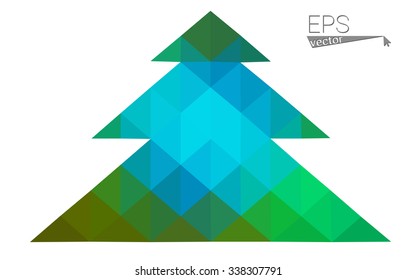 Blue, green low poly style christmas tree vector illustration consisting of triangles. Abstract triangular poly origami or crystal design of New Years celebration. Isolated on white background