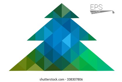 Blue, green low poly style christmas tree vector illustration consisting of triangles. Abstract triangular poly origami or crystal design of New Years celebration. Isolated on white background