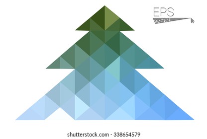 Blue, green low poly style christmas tree vector illustration consisting of triangles. Abstract triangular polygonal origami or crystal design of New Years celebration. Isolated on white background