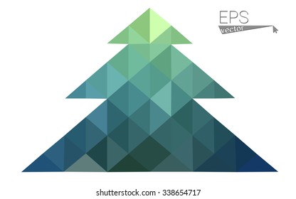 Blue, green low poly style christmas tree vector illustration consisting of triangles. Abstract triangular polygonal origami or crystal design of New Years celebration. Isolated on white background