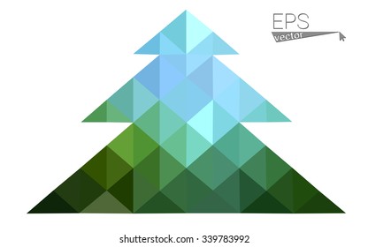 Blue, green low poly style christmas tree vector illustration consisting of triangles. Abstract triangular polygonal origami or crystal design of New Years celebration. Isolated on white background Blue, green low poly style christmas tree vector illustration consisting of triangles. Abstract triangular polygonal origami or crystal design of New Years celebration. Isolated on white background