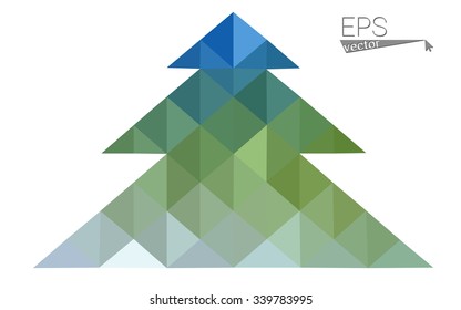 Blue, green low poly style christmas tree vector illustration consisting of triangles. Abstract triangular polygonal origami or crystal design of New Years celebration. Isolated on white background