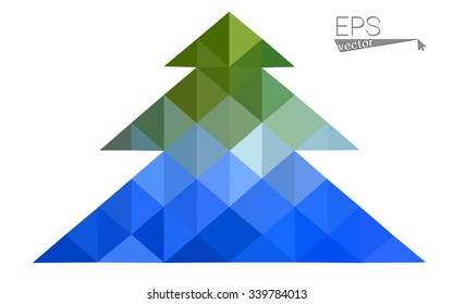 Blue, green low poly style christmas tree vector illustration consisting of triangles. Abstract triangular polygonal origami or crystal design of New Years celebration. Isolated on white background