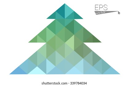 Blue, green low poly style christmas tree vector illustration consisting of triangles. Abstract triangular polygonal origami or crystal design of New Years celebration. Isolated on white background
